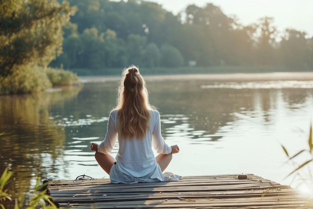 Calm morning meditation by the lake Young woman outdoors on the pier