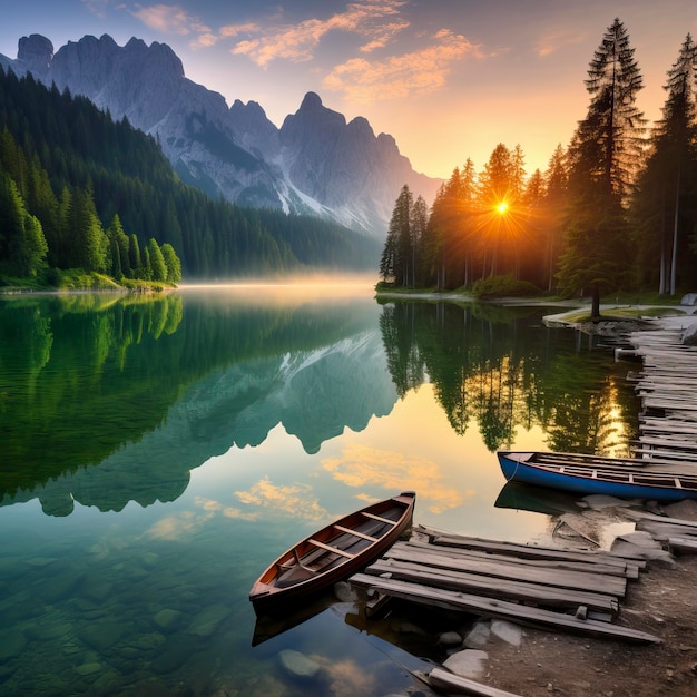 Calm morning view of Fusine lake Colorful summer sunrise Natural Landscape