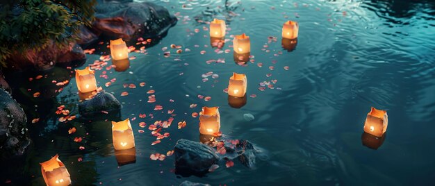 Photo calm nature scene floating lanterns symbolizing letting go of stress and negativity for peace of mind