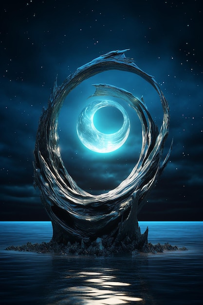 A calm night ocean with a brightly illuminated gorgeous and complex abstract sculpture