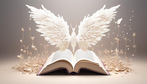 a calm open book whose pages turn into bird wings