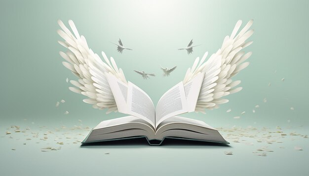 a calm open book whose pages turn into bird wings