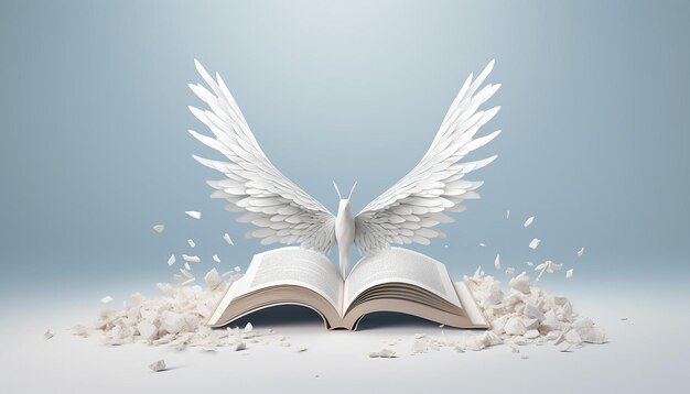 a calm open book whose pages turn into bird wings