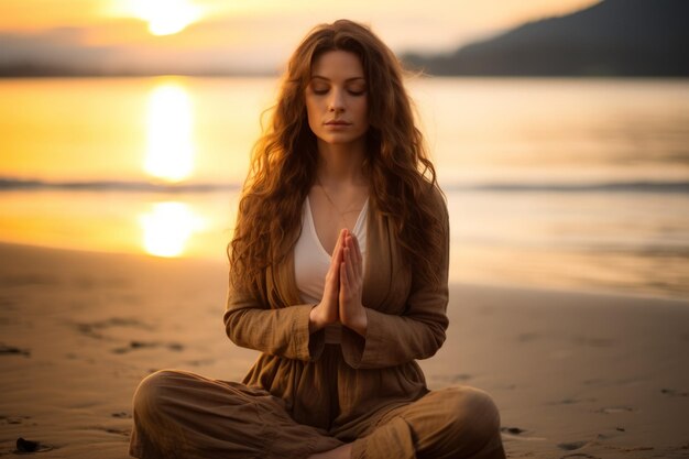 Calm and Peaceful Woman Meditating on the Beach at Sunset