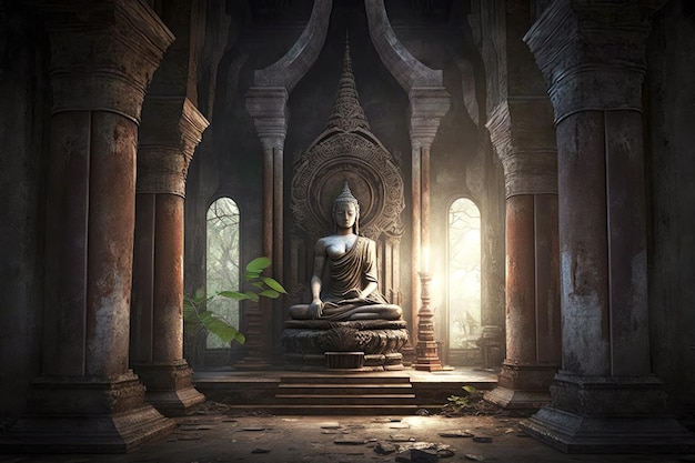 Calm place in buddhist old temple with statue of buddha standing on pedestal created with generative