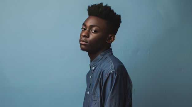 A calm portrait of a young man against a serene blue backdrop