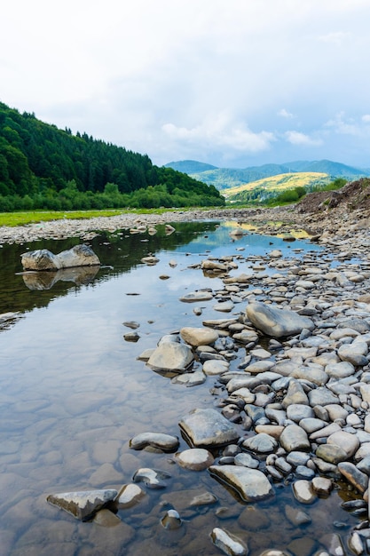 Calm river with stones in Karpaty mountains Outdoor nature summer view