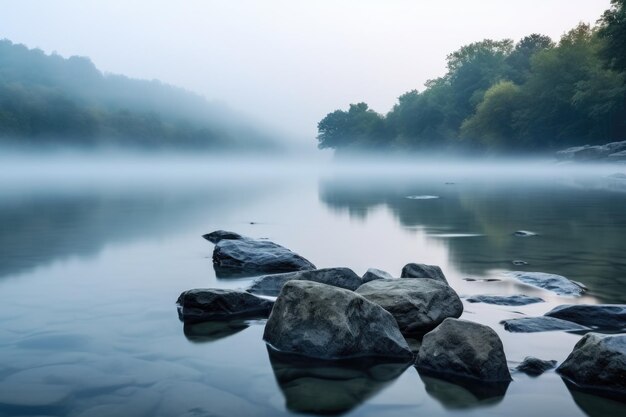 Calm river with stones and soft fog in the background