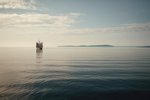 Спокойное море с кораблем викингов, плывущим по горизонту