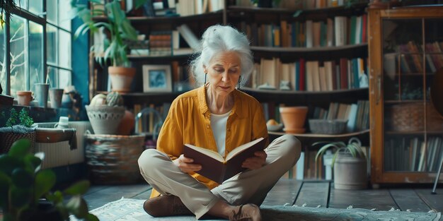 Foto una donna anziana calma che legge un libro mentre è seduta in salotto.