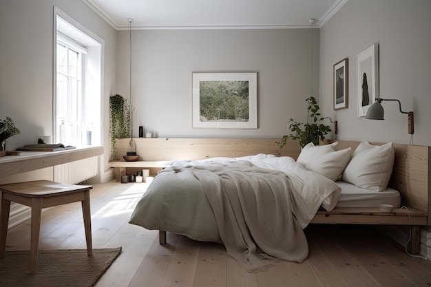 Calm and serene bedroom with scandinavian furniture natural colors and lighting