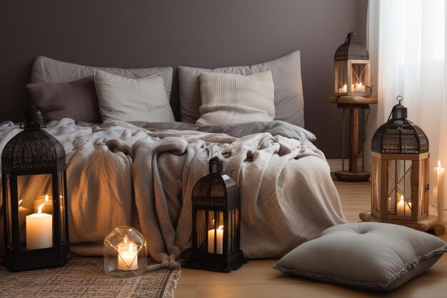 Calm and serene room with warm blankets pillows and lanterns