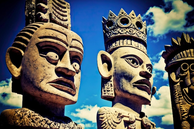 Calm stone tiki mask of gods against background of blue sky