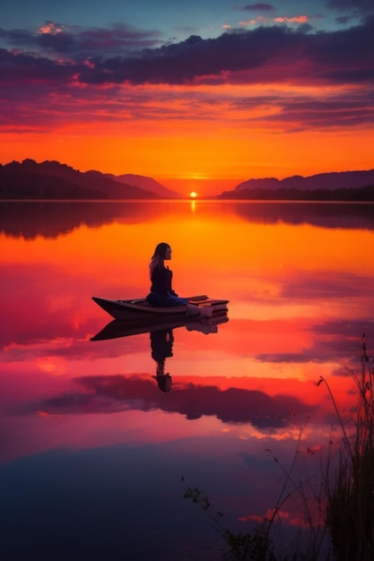 A calm sunset over a calm lake with someone seen enjoying the sunset moment ai generated