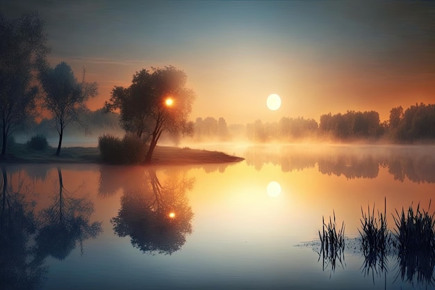 Calm sunset on water haze over river against background of setting sun