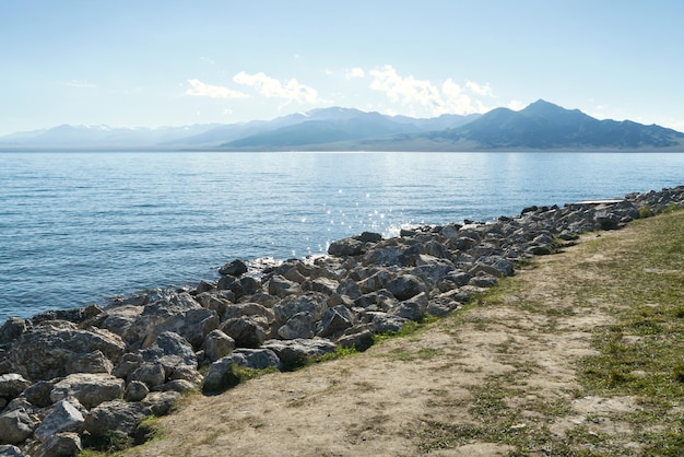 The calm surface of the lake and rocks Shot in Sayram Lake in Xinjiang China