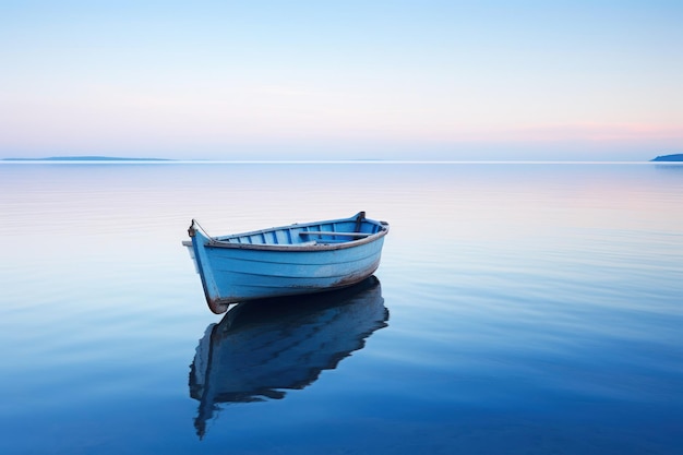 A calm water with a lone boat