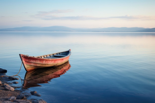 A calm water with a lone boat