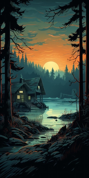 穏やかな水の夕暮れ時の森の詳細な家イラスト