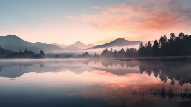 Photo calm waters reflecting dawn's soft hues at lakeside with distant mountains