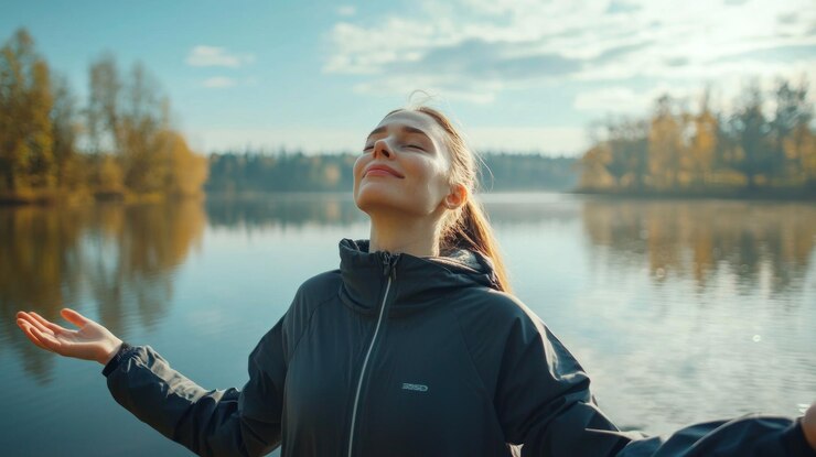Спокойная женщина, вытянутая и вдыхающая свежий воздух во время утренней пробежки