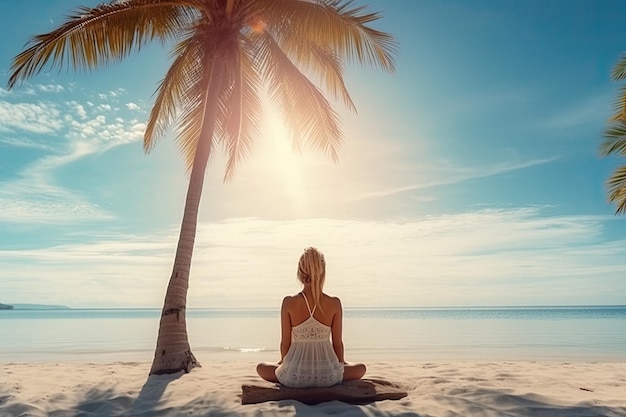 Calm woman sitting alone on a seashore during beach vacations created with Generative AI