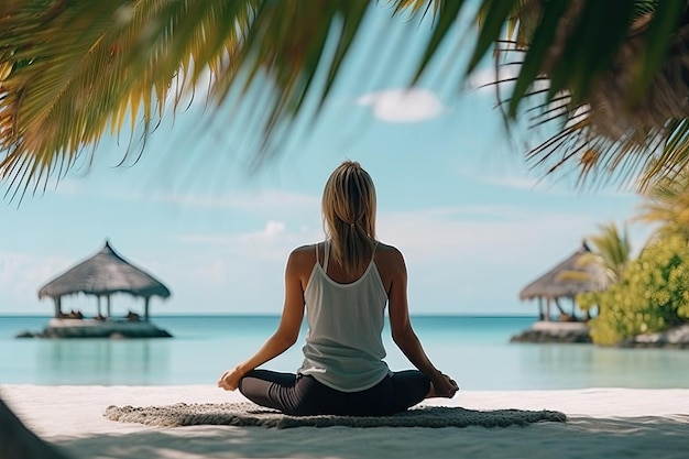 Calm woman sitting alone on a seashore created with Generative AI