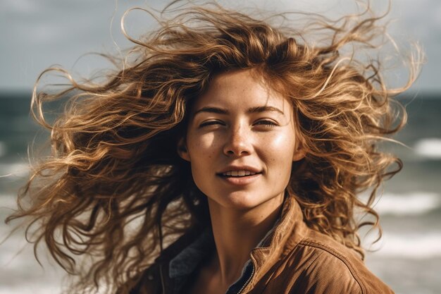 写真 ビーチで長いの落ち着いた女性