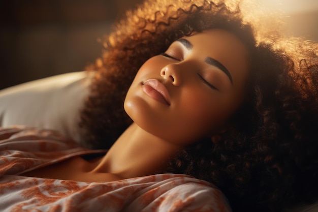 Calm young African American model sleeping well with eyes closed lying in a comfortable bed