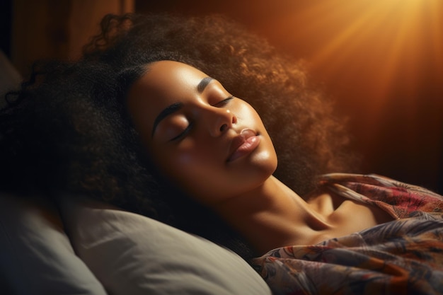 Calm young African American model sleeping well with eyes closed lying in a comfortable bed