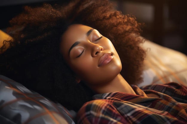 Calm young African American model sleeping well with eyes closed lying in a comfortable bed