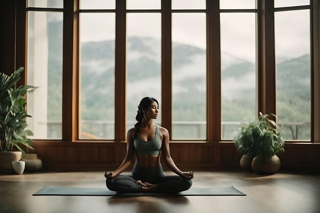 Calm young lady with closed eyes during yoga meditation