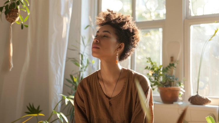 Photo a calm young woman in a bright room with plants surrounded by tranquility and light aig58