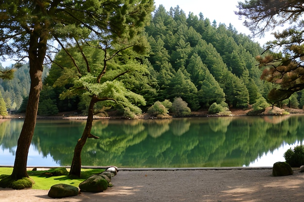 Calm Zen lake and bonzai trees