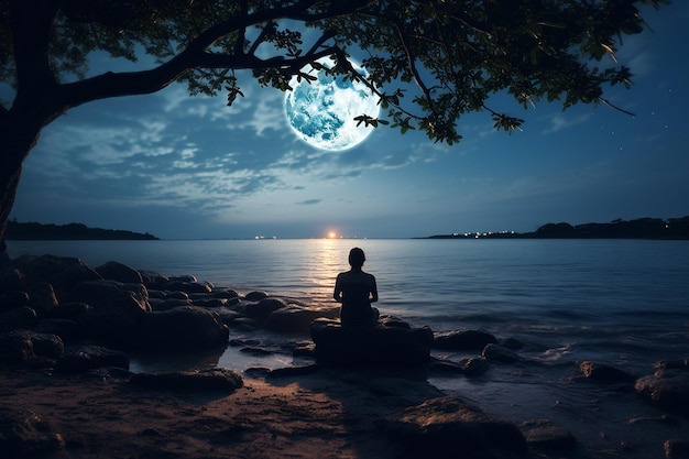 Photo calm and zen meditation at the sea shore with full moon