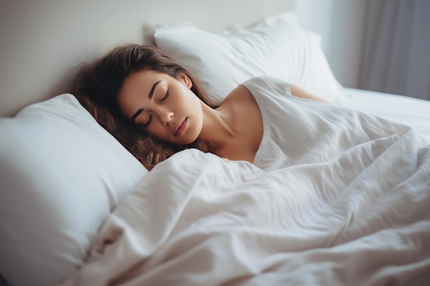 Calming comfort woman's relaxing sleep in cozy bedroom