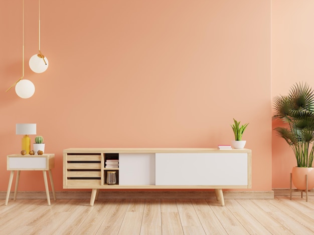 Calming coral wall background, a modern living room decor with a tv cabinet.3d rendering
