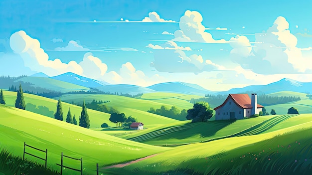 Photo calming cute rural landscape with fields pastures and winding roads in a cartoon style ai generated