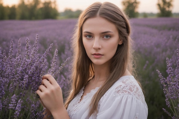 Photo a calming portrait of a young slavic woman with soothing lavender