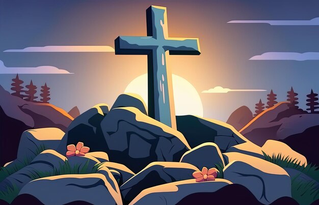 Calvary's glimmering cross Grave on the mountain at dawn Cross in the blue sky a sign of trust