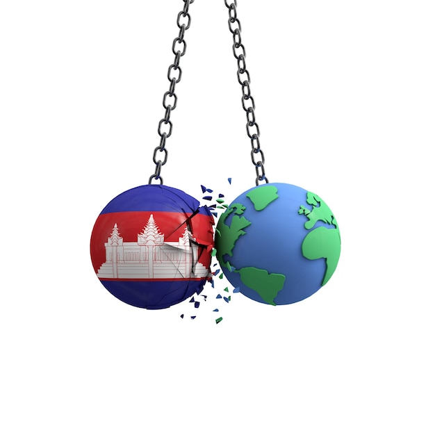 Cambodia flag ball hits planet earth environmental impact\
concept d render