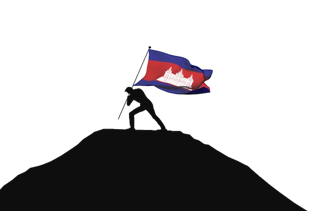 Cambodia flag being pushed into mountain top by a male silhouette 3D Rendering