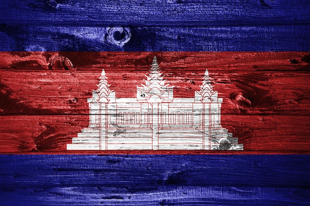 Cambodia flag on wooden planks background wood flag