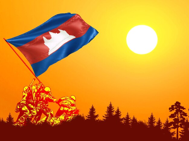 cambodia national flag hoisting by brave freedom fighters veterans symbol of national independence