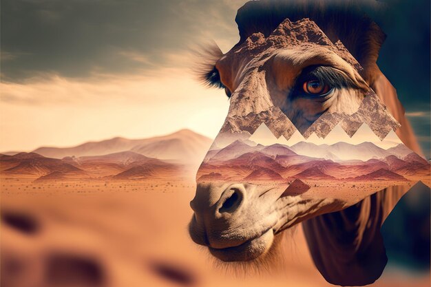 Camel abstract artwork in double exposure of sahara desert