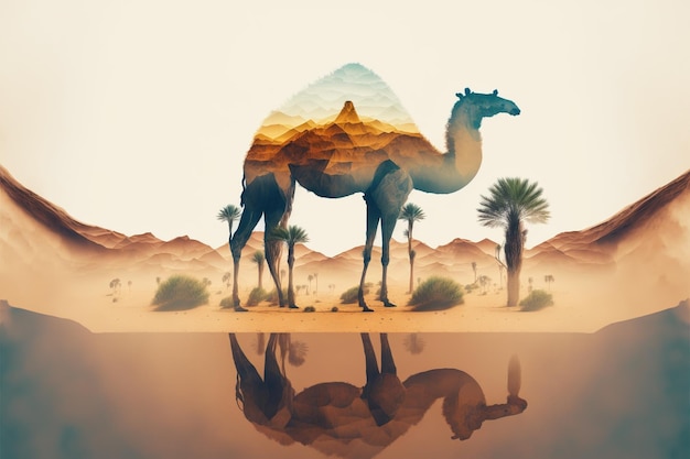 Camel abstract artwork in double exposure of sahara desert