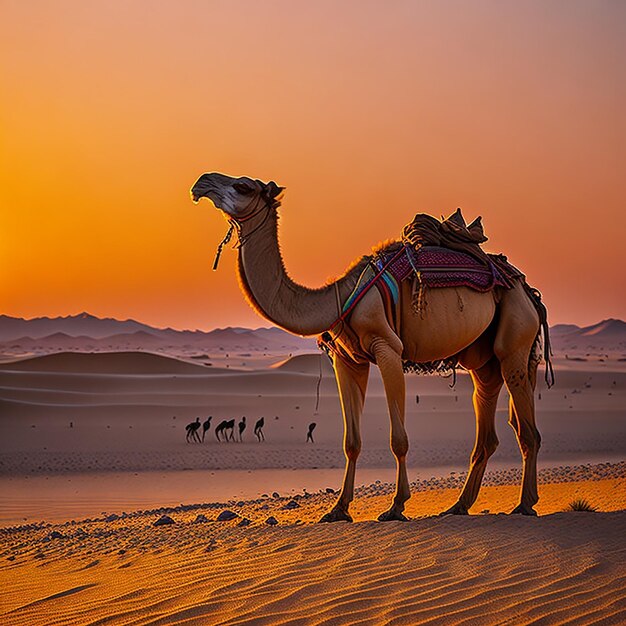 Camel caravan in the desert at sunrise generated by ai