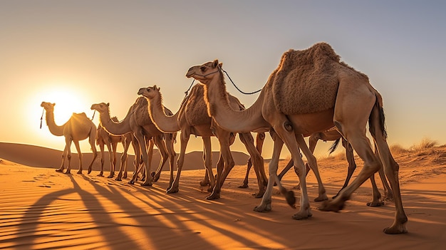 Photo camel caravan in the desert at sunrise generative ai