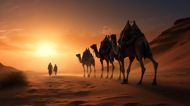 Camel caravan in the desert at sunrise