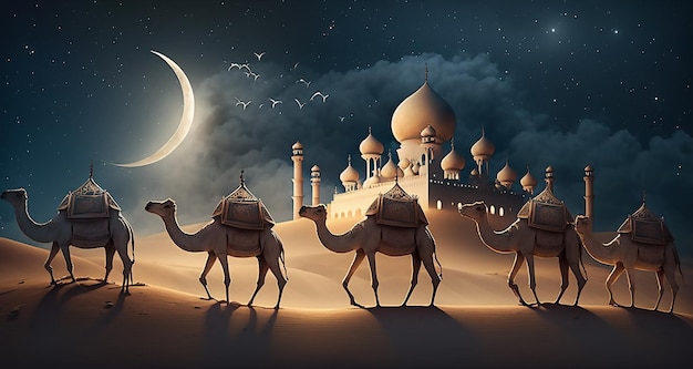 camel caravan on desert